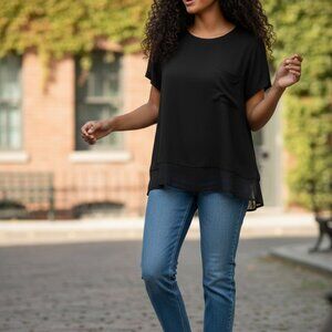 (F-175)Lush Women’s Black Short Sleeve Blouse Size S Sheer Hem Casual Top